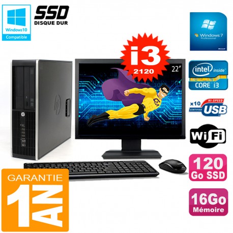 PC HP Compaq 8300 SFF Ecran 22" Core I3-2120 RAM 16Go Disque 120 Go SSD Wifi W7