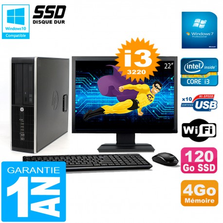 PC HP Compaq 8300 SFF Ecran 22" Core I3-3220 RAM 4Go Disque 120 Go SSD Wifi W7