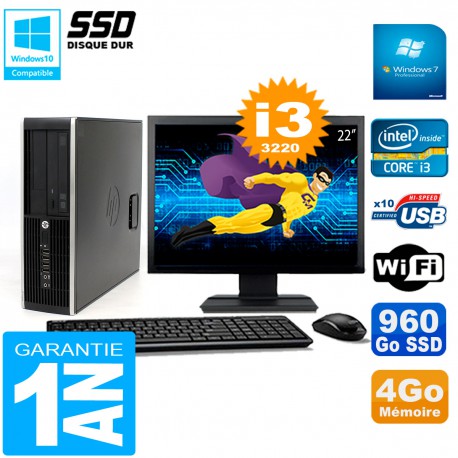 PC HP Compaq 8300 SFF Ecran 22" Core I3-3220 RAM 4Go Disque 960 Go SSD Wifi W7