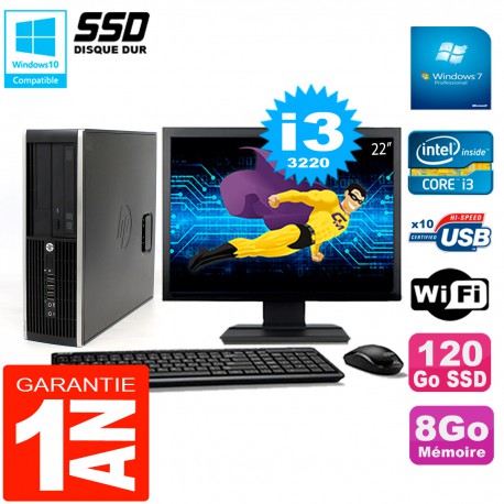 PC HP Compaq 8300 SFF Ecran 22" Core I3-3220 RAM 8Go Disque 120 Go SSD Wifi W7