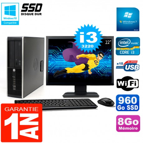 PC HP Compaq 8300 SFF Ecran 22" Core I3-3220 RAM 8Go Disque 960 Go SSD Wifi W7