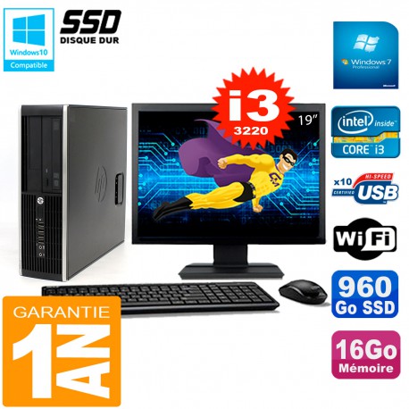 PC HP Compaq 8300 SFF Ecran 19" Core I3-3220 RAM 16Go Disque 960 Go SSD Wifi W7
