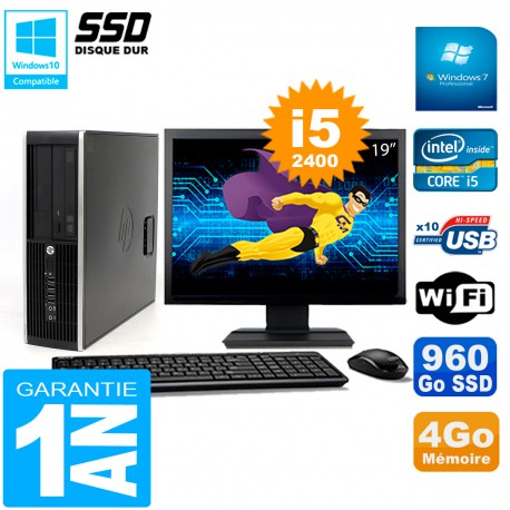 PC HP Compaq 8300 SFF Ecran 19" Core I5-2400 RAM 4Go Disque 960 Go SSD Wifi W7