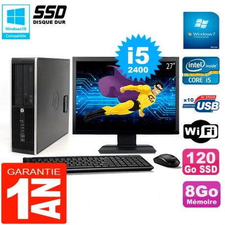 PC HP Compaq 8300 SFF Ecran 27" Core I5-2400 RAM 8Go Disque 120 Go SSD Wifi W7