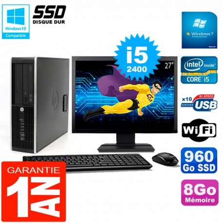 PC HP Compaq 8300 SFF Ecran 27" Core I5-2400 RAM 8Go Disque 960 Go SSD Wifi W7