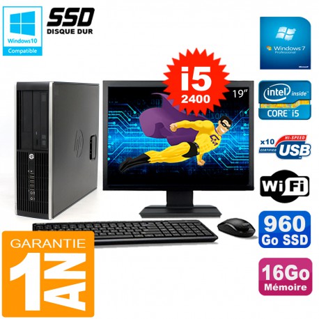 PC HP Compaq 8300 SFF Ecran 19" Core I5-2400 RAM 16Go Disque 960 Go SSD Wifi W7