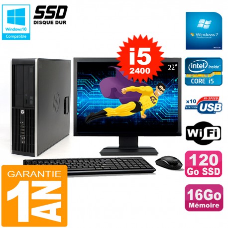 PC HP Compaq 8300 SFF Ecran 22" Core I5-2400 RAM 16Go Disque 120 Go SSD Wifi W7