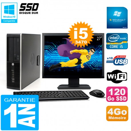 PC HP Compaq 8300 SFF Ecran 27" Core I5-3470 RAM 4Go Disque 120 Go SSD Wifi W7