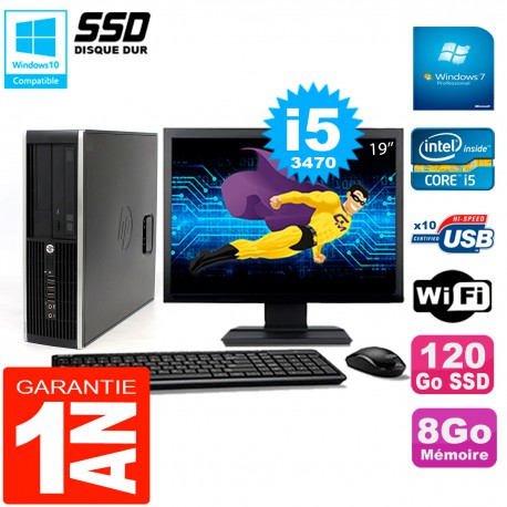 PC HP Compaq 8300 SFF Ecran 19" Core I5-3470 RAM 8Go Disque 120 Go SSD Wifi W7