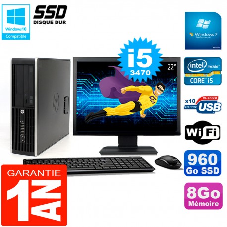 PC HP Compaq 8300 SFF Ecran 22" Core I5-3470 RAM 8Go Disque 960 Go SSD Wifi W7