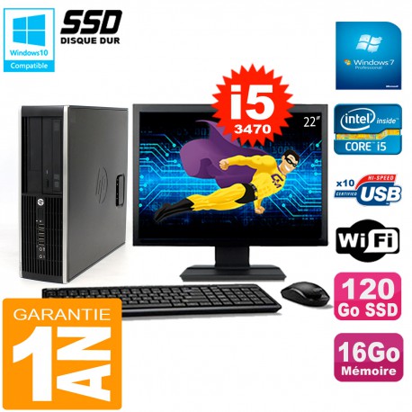 PC HP Compaq 8300 SFF Ecran 22" Core I5-3470 RAM 16Go Disque 120 Go SSD Wifi W7