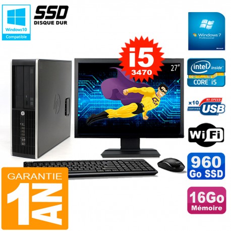 PC HP Compaq 8300 SFF Ecran 27" Core I5-3470 RAM 16Go Disque 960 Go SSD Wifi W7