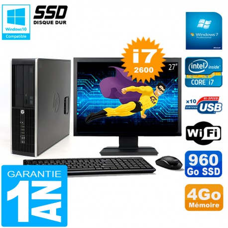 PC HP Compaq 8300 SFF Ecran 27" Core I7-2600 RAM 4Go Disque 960 Go SSD Wifi W7