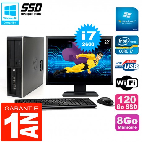 PC HP Compaq 8300 SFF Ecran 22" Core I7-2600 RAM 8Go Disque 120 Go SSD Wifi W7