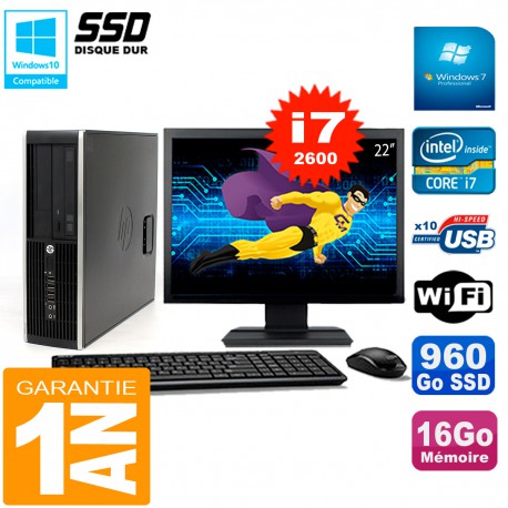 PC HP Compaq 8300 SFF Ecran 22" Core I7-2600 RAM 16Go Disque 960 Go SSD Wifi W7