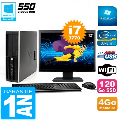 PC HP Compaq 8300 SFF Ecran 22" Core I7-3770 RAM 4Go Disque 120 Go SSD Wifi W7