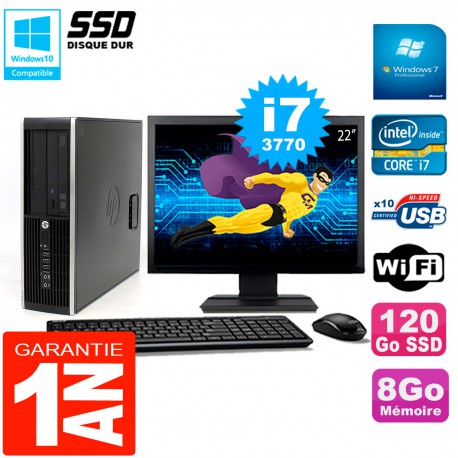 PC HP Compaq 8300 SFF Ecran 22" Core I7-3770 RAM 8Go Disque 120 Go SSD Wifi W7