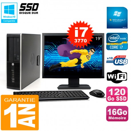 PC HP Compaq 8300 SFF Ecran 19" Core I7-3770 RAM 16Go Disque 120 Go SSD Wifi W7