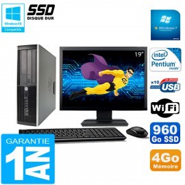 PC HP Compaq 8200 SFF Ecran 19" Intel G630 RAM 4Go Disque 960 Go SSD Wifi W7