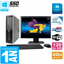PC HP Compaq 8200 SFF Ecran 22" Intel G630 RAM 4Go Disque 120 Go SSD Wifi W7