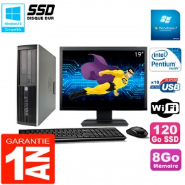 PC HP Compaq 8200 SFF Ecran 19" Intel G630 RAM 8Go Disque 120 Go SSD Wifi W7