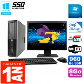 PC HP Compaq 8200 SFF Ecran 19" Intel G630 RAM 8Go Disque 960 Go SSD Wifi W7