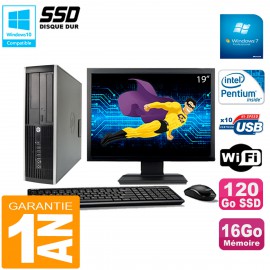 PC HP Compaq 8200 SFF Ecran 19" Intel G630 RAM 16Go Disque 120 Go SSD Wifi W7