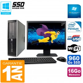 PC HP Compaq 8200 SFF Ecran 27" Intel G630 RAM 16Go Disque 960 Go SSD Wifi W7