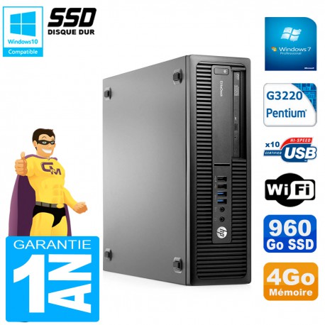 PC HP EliteDesk 800 G1 SFF Intel G3220 4Go Disque 960 Go SSD Graveur DVD Wifi W7