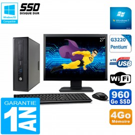 PC HP EliteDesk 800 G1 SFF Ecran 27" Intel G3220 4Go Disque 960 Go SSD Wifi W7