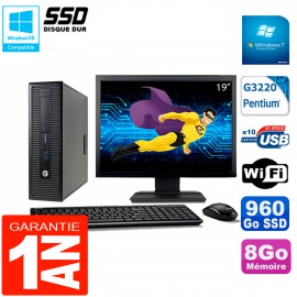 PC HP EliteDesk 800 G1 SFF Ecran 19" Intel G3220 8Go Disque 960 Go SSD Wifi W7