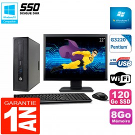 PC HP EliteDesk 800 G1 SFF Ecran 22" Intel G3220 8Go Disque 120 Go SSD Wifi W7