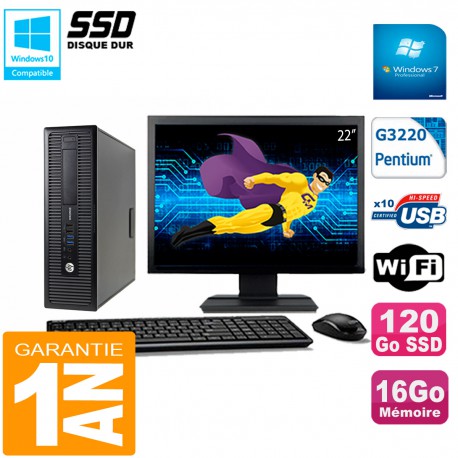 PC HP EliteDesk 800 G1 SFF Ecran 22" Intel G3220 16Go Disque 120 Go SSD Wifi W7