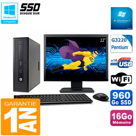 PC HP EliteDesk 800 G1 SFF Ecran 22" Intel G3220 16Go Disque 960 Go SSD Wifi W7