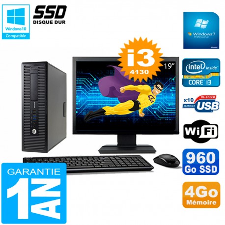 PC HP EliteDesk 800 G1 SFF Ecran 19" Core I3-4130 4Go Disque 960 Go SSD Wifi W7