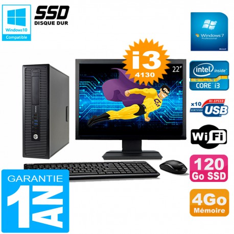 PC HP EliteDesk 800 G1 SFF Ecran 22" Core I3-4130 4Go Disque 120 Go SSD Wifi W7