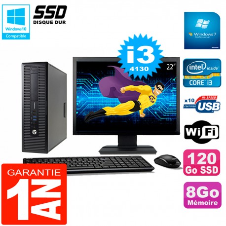 PC HP EliteDesk 800 G1 SFF Ecran 22" Core I3-4130 8Go Disque 120 Go SSD Wifi W7