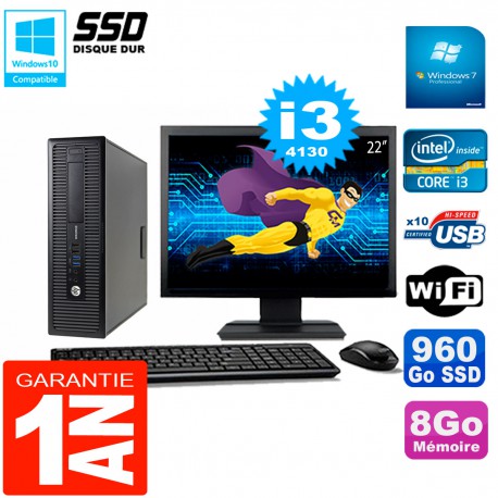 PC HP EliteDesk 800 G1 SFF Ecran 22" Core I3-4130 8Go Disque 960 Go SSD Wifi W7