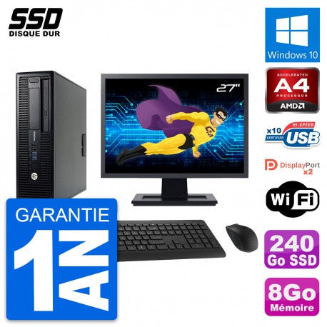 PC HP 705 G1 SFF Ecran 27" AMD PRO-7300B RAM 8Go SSD 240Go Windows 10 Wifi