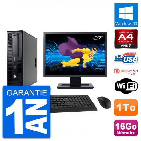 PC HP 705 G1 SFF Ecran 27" AMD PRO-7300B RAM 16Go Disque Dur 1To Windows 10 Wifi