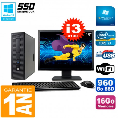 PC HP EliteDesk 800 G1 SFF Ecran 19" Core I3-4130 16Go Disque 960 Go SSD Wifi W7