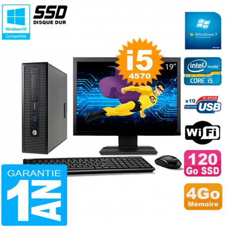 PC HP EliteDesk 800 G1 SFF Ecran 19" Core I5-4570 4Go Disque 120 Go SSD Wifi W7