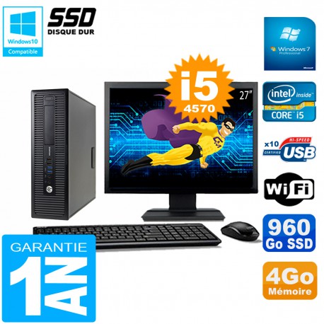 PC HP EliteDesk 800 G1 SFF Ecran 27" Core I5-4570 4Go Disque 960 Go SSD Wifi W7