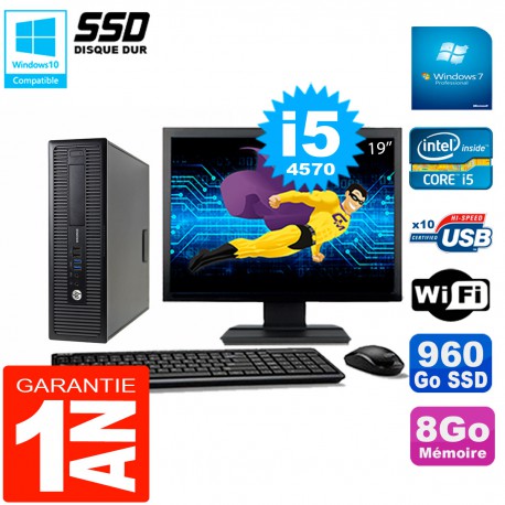 PC HP EliteDesk 800 G1 SFF Ecran 19" Core I5-4570 8Go Disque 960 Go SSD Wifi W7