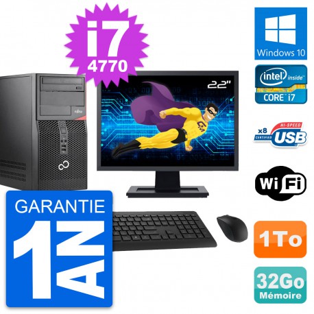 PC Tour Fujitsu P520 Ecran 22" Intel i7-4770 RAM 32Go Disque 1To Windows 10 Wifi