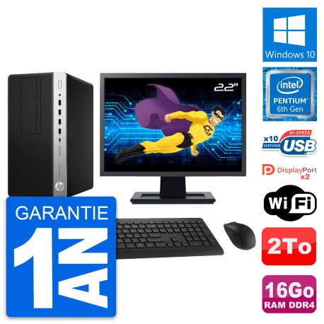 PC Tour HP 600 G3 MT Ecran 22" Pentium G4400 RAM 16Go Disque 2To Windows 10 Wifi