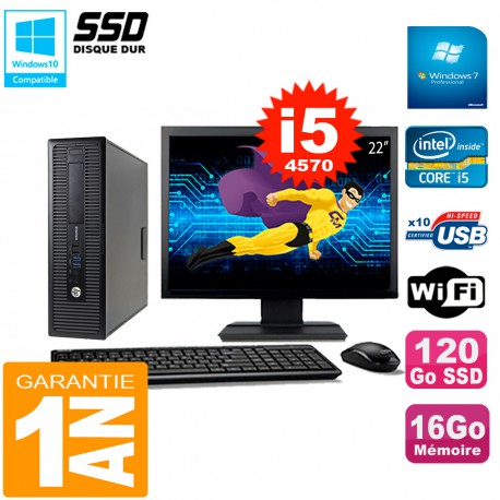 PC HP EliteDesk 800 G1 SFF Ecran 22" Core I5-4570 16Go Disque 120 Go SSD Wifi W7