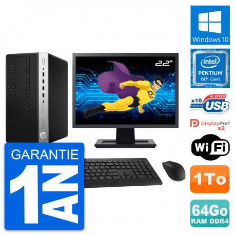 PC Tour HP 600 G3 MT Ecran 22" Pentium G4400 RAM 64Go Disque 1To Windows 10 Wifi