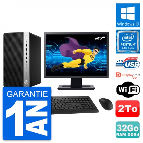 PC Tour HP 600 G3 MT Ecran 27" Pentium G4400 RAM 32Go Disque 2To Windows 10 Wifi