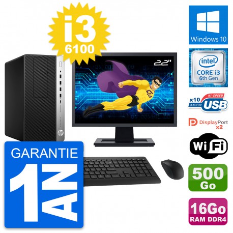 PC Tour HP 600 G3 MT Ecran 22" i3-6100 RAM 16Go Disque Dur 500Go Windows 10 Wifi